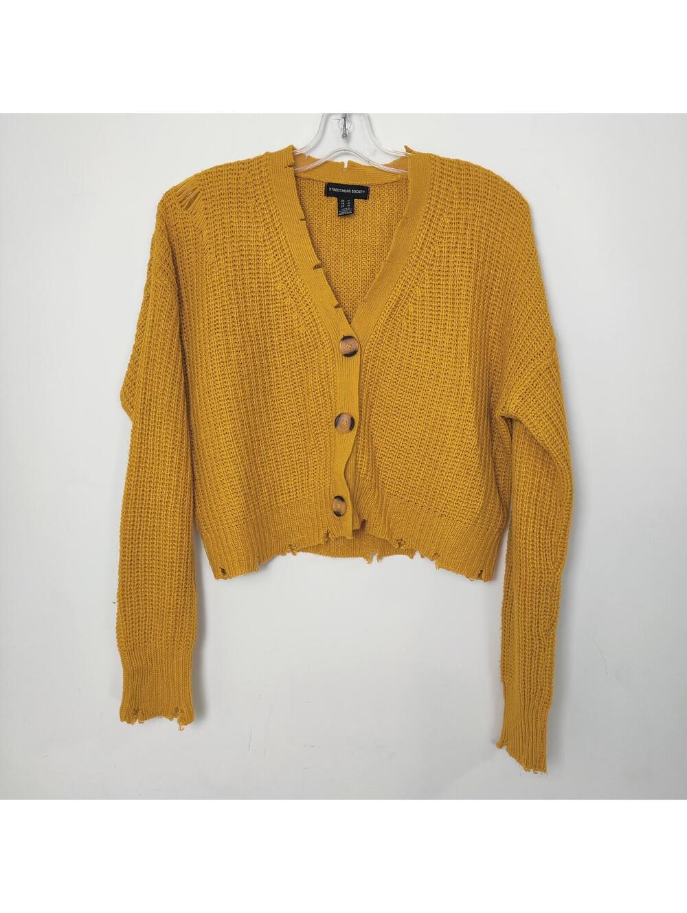 Streetwear Society Mustard Yellow Cropped Cardigan Women's Medium Distressed